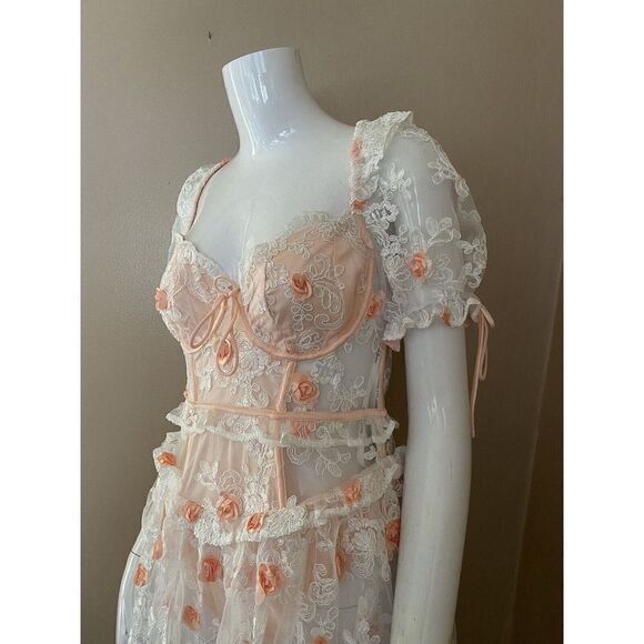 For Love and Lemons Tessa White Floral Appliqué Embroidered Midi Dress Sz M $369 - Picture 8 of 16